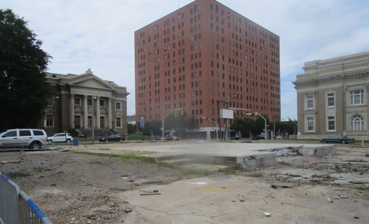 Downtown Shreveport lot cleared to a concrete slab after the commercial building came down