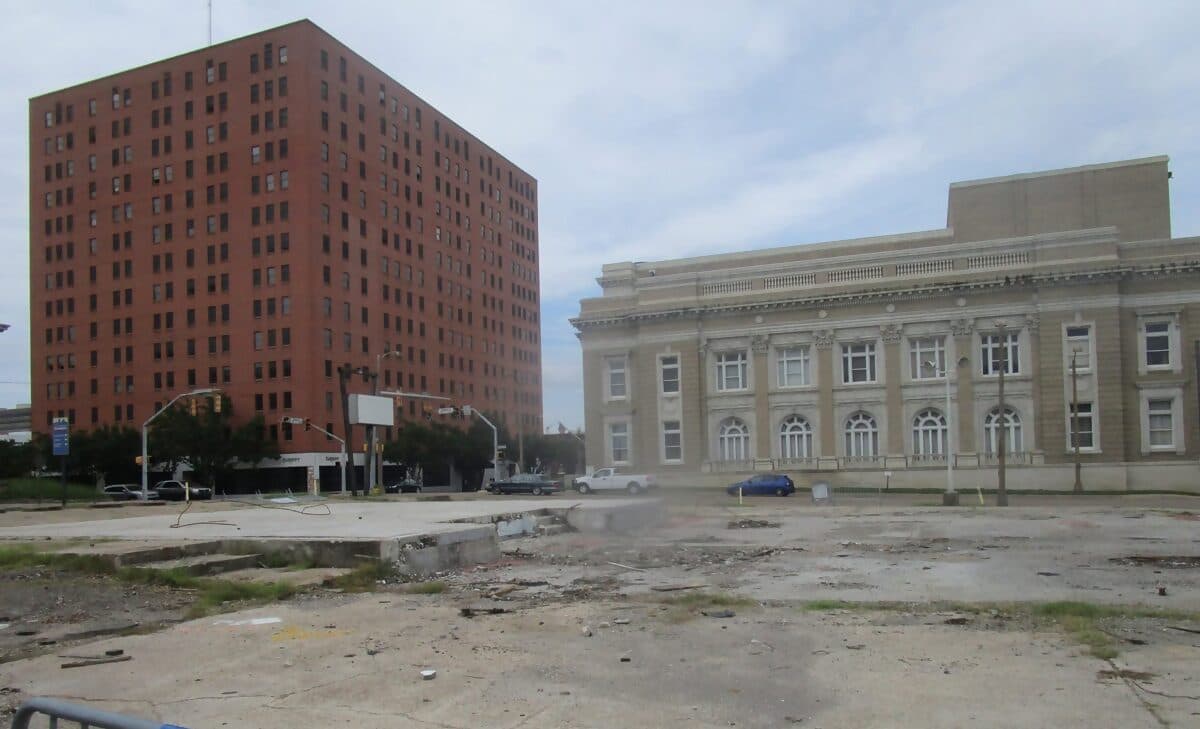Commercial demolition site in downtown Shreveport cleared to a clean slab